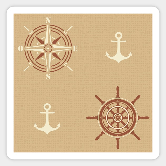 Pattern of anchors and compass roses on light gamboge Sticker by colorofmagic